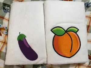 Peach & Eggplant Embroidered White Bath Towels