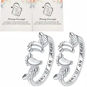 Adjustable Letter & Wing Design Cuff Ring, Fashionable Baby Footprint Jewelry for Women, Elegant All-match Fashion Accessories for Daily Wear, Personalized Angel Ring, Engraved Ring 2PC/1PC