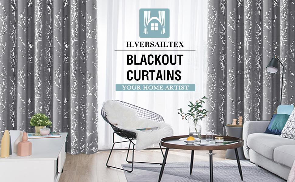 H.VERSAILTEX Blackout Curtains 2 Panels for Bedroom Foil Print Twig Tree Branch Thermal Insulated Grommet Curtain Drapes Light Blocking Thick Soft Window Curtains for Living