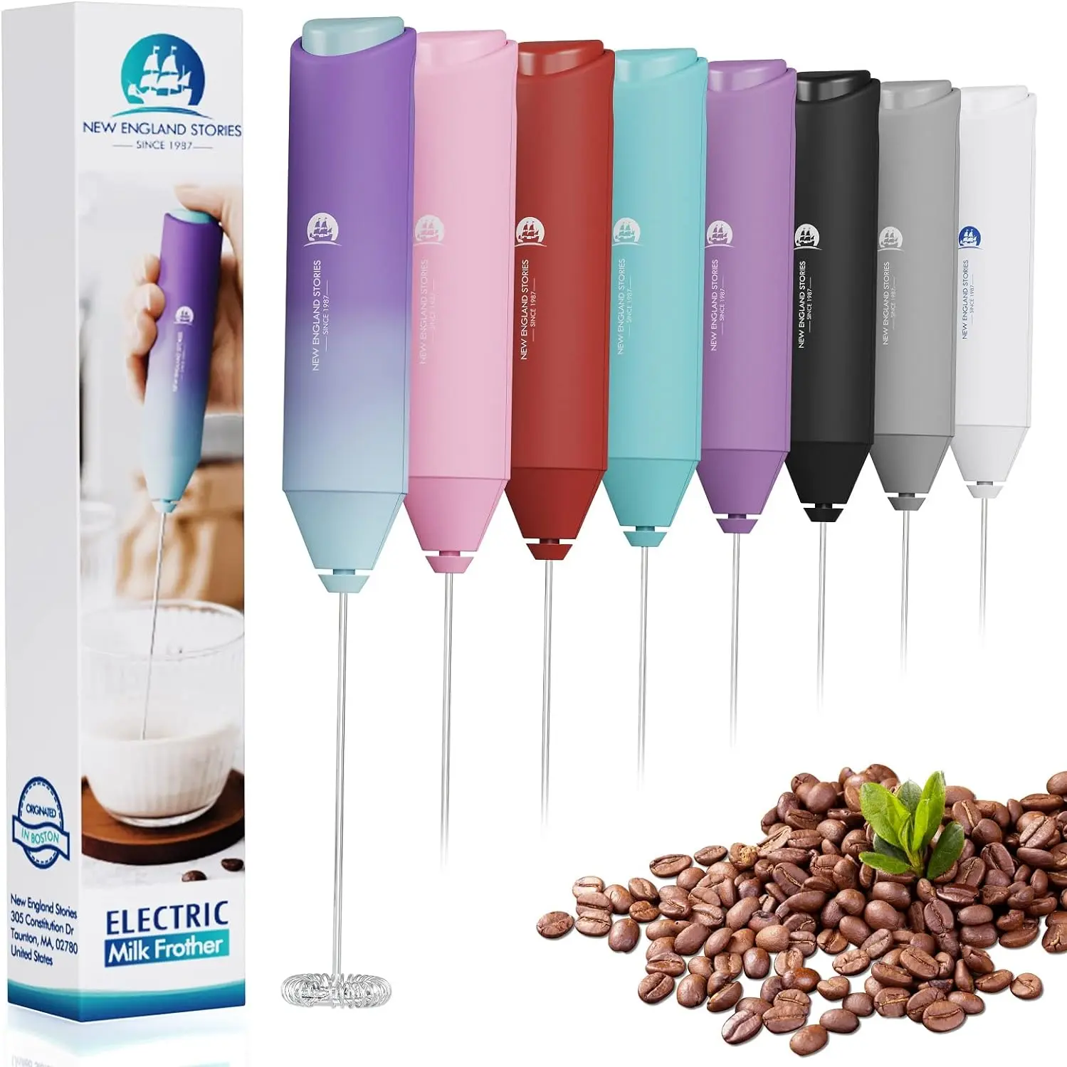 New England Stories Cordless Stainless Steel Milk Frother - High-Speed Motor, AA Battery-Powered Coffee Tool, Compact Easy-to-Use Frothing Wand, Auto Cleaning Kitchen Accessory for Lattes, Cappuccinos, Coffee Tools