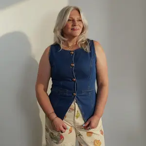 Westwood Structured Vest - Sleeveless Denim with Contoured Princess Seams & Metallic Dome Buttons for Flattering Fit