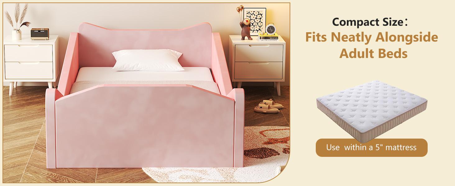 JOYMOR Toddler Bed, Floor Bed with Safety Guadrail, Montessori Toddler Bed with Animal Ear Shapes, Soft Velvet Wood Bed for Infant, Kids, Mattress not Included