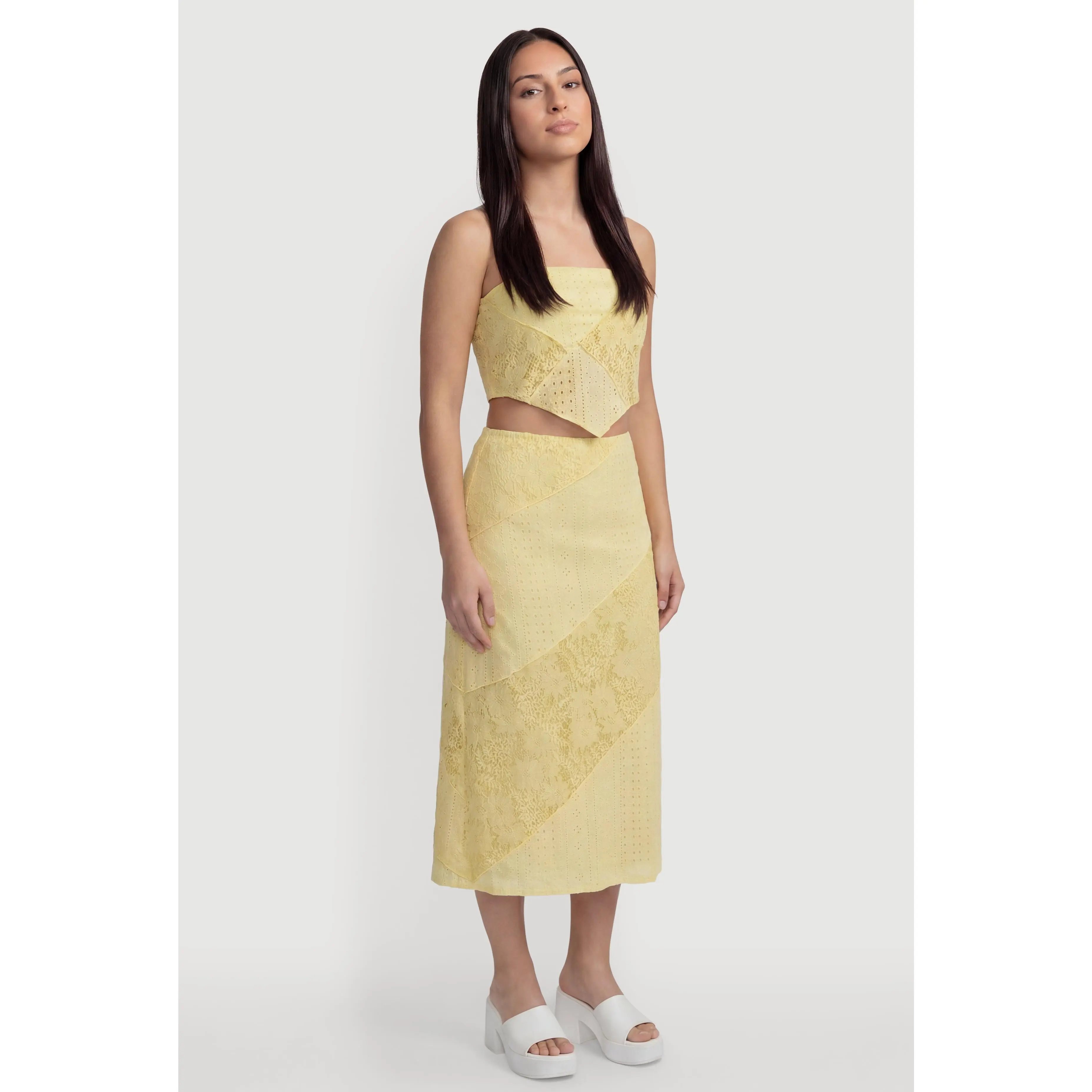 Pointelle Knit Lace Patchwork Midi Skirt