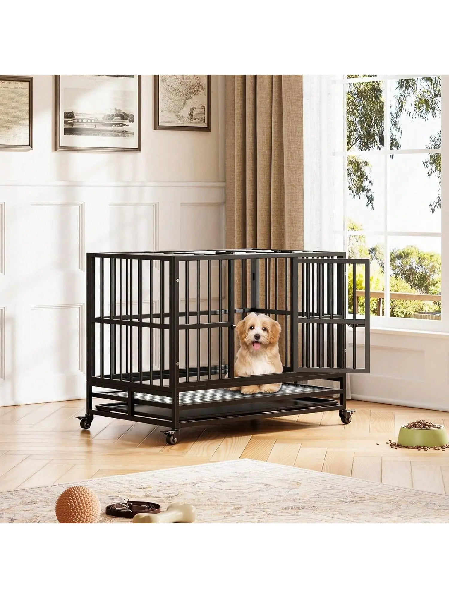 Gaomon Heavy-Duty Metal Frame Escape-Proof Dog Kennel Enclosure, Collapsible Double-Doors Kennel with 360° Lockable Wheels, Removable Tray, Easy Clean & Assembly for Small-Medium Dogs