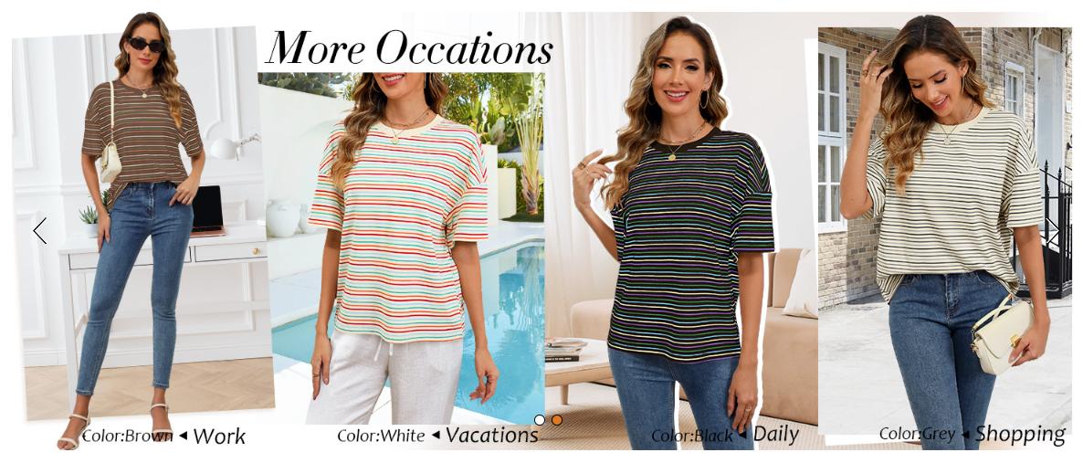 MEROKEETY Women's 2026 Summer Short Sleeve Tops Casual Colourful Striped Crewneck Loose Work T Shirts Blouses
