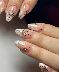 Milky White Gold Star Press On Nails, Handmade Faux Acrylic Gel Nails