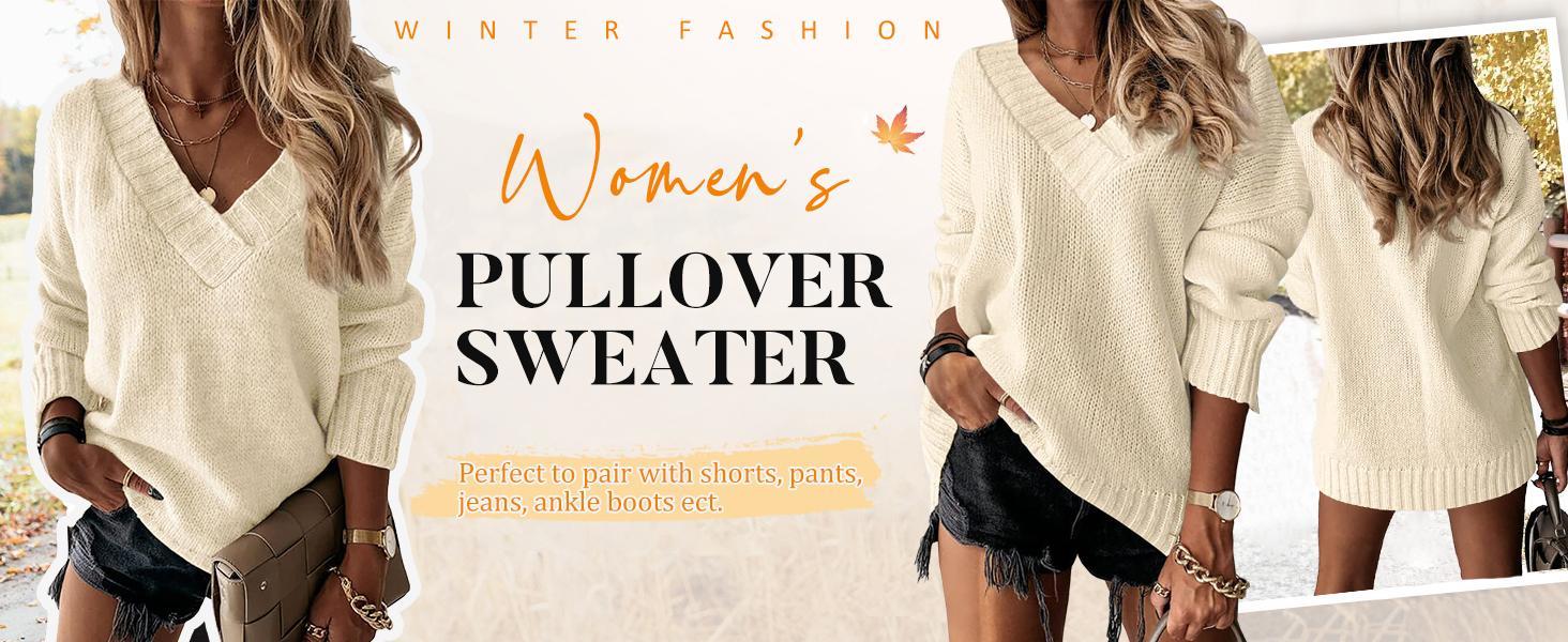 Danedvi Womens Loose Sweaters Sexy V Neck Long Sleeve Solid Knitted Jumper Pullover Sweatshirt Tops Casual Fuzzy Knitwear