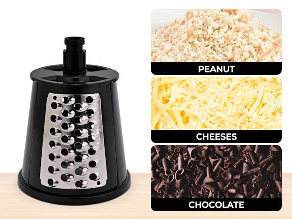 SUSTEAS Rotary Food Cheese Grater with 6 Replaceable 18/10 Stainless Steel Blades, Strong Suction Base, Kitchen Utensils, Vegetable Slicer New Black Potato Cutter