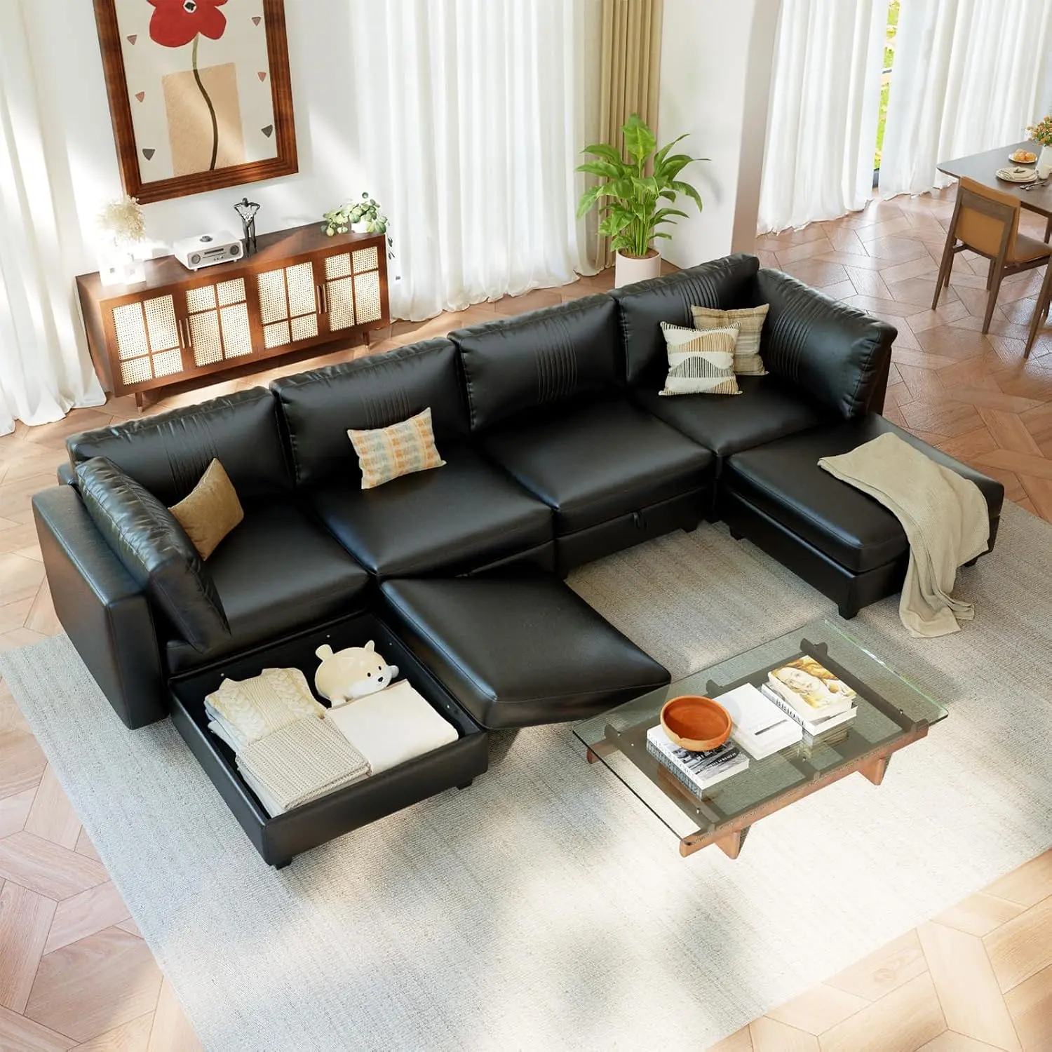 4- 8 Seat Modular Sectional Sofa, Convertible L & U Shaped Couch with Storage, Modern Leather Couch with Ottomans, Faux Leather Sectional Couches for Living Room, Office, Apartment, Black