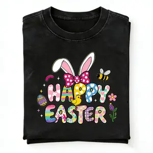 100%  T-Shirt With Colorful Easter Themed Design | Happy Easter Text, Pink Bunny Ears, Yellow Chick, Bee, Flowers & Egg, Casual Crew Neck, Regular Sleeve For Easter Celebration A302