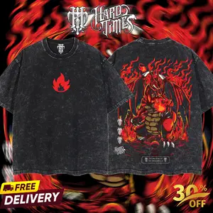 Men's Charl1 Fire Type PKM Digital Print Retro Oversize Acid Washed Heavyweight Manga T-Shirt, Men's Top, Gift For Anime Fans, Merch