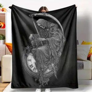Grim Reaper Flannel Blanket, Death & Time Clock Print, Lightweight, Super Soft, AntiPilling, Suitable for Halloween, Gothic Home Decor, Spooky Season Gift, Dark Fantasy Lovers, Living Room, Bedroom, Sofa, Couch, Travel, Camping, Outdoor Events.