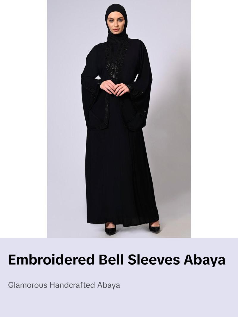 Handcrafted and Machine Embroidered Bell Sleeves Black Abaya