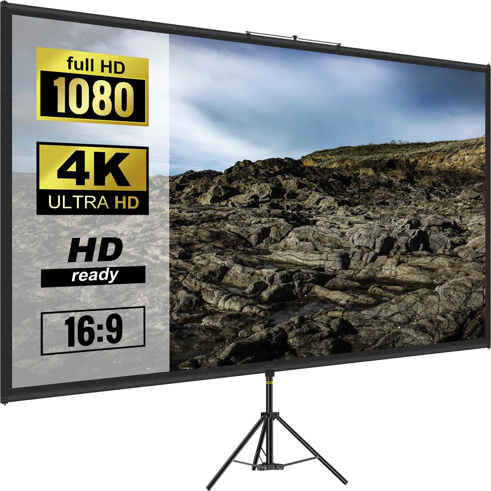 【SummerFinds】VEVOR Tripod Projector Screen with Stand 100inch 16:9 4K HD Projection Screen Stand Wrinkle-Free Height Adjustable Portable Screen for Projector Indoor & Outdoor for Movie,  , Home Cinema, Gaming, Office