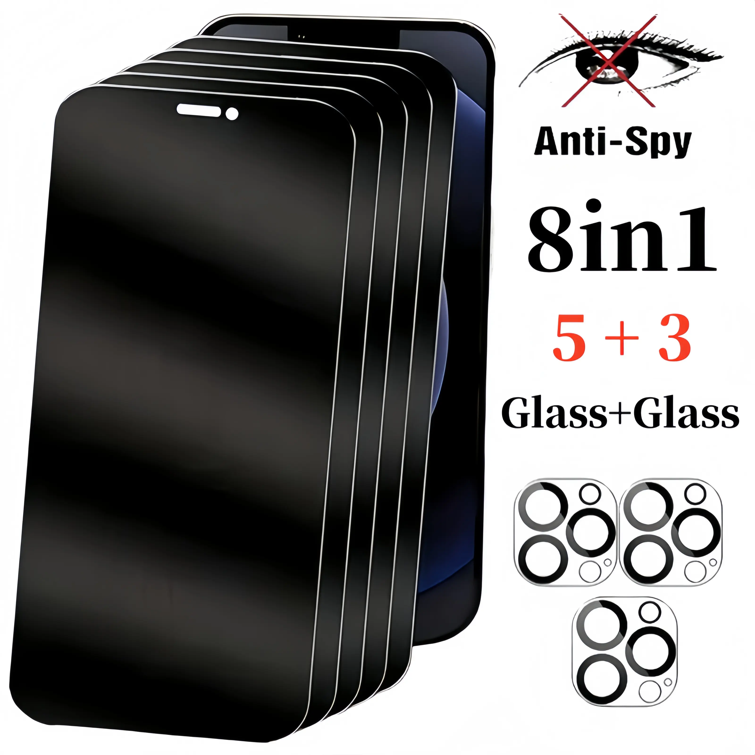 8-in-1 Anti-Spy Tempered Glass Screen Protector Kit (5+3 Pcs) for iPhone 13/14/15/16/16E/17 Pro Max Plus, 3-Piece Camera Lens Protector, 9H Hardness, Case-Friendly Protection for Flash Smartphone, Handheld Cellphone Devices, Accessories, Protective