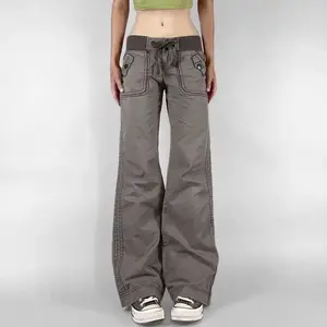 Retro Lace-up Low Rise Pants Streetwear Patchwork Loose Casual  for Women Harajuku Straight Trousers Korean Fashion