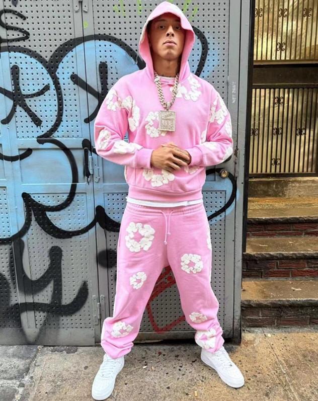 Denim Tears 2026 Women's Hoodie Set Cotton Foam Print Sweatpants Distressed American High Street Casual Sweatshirt Plus Size Black Short Sleeve Long Loose Fit Y2K Unisex 2-Piece Set Top Trouser Suits