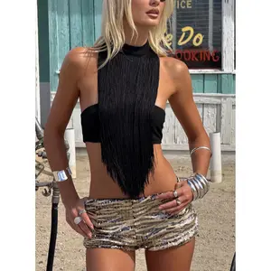 Zephyrine Fringe Asymmetrical Halter Top Black