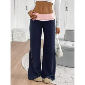 Women's Casual Contrast Foldover Waist Wide Leg Sweatpants Fabric Fit