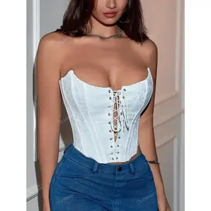Irregular structure with bone, flower embroidery, eyelets, tie, front chest, exposed back, tight fitting corset, slim fit, exposed navel top, fabric fit, women's fashion items, Burgundy clothing, sleeves, basic elegance, minimalism