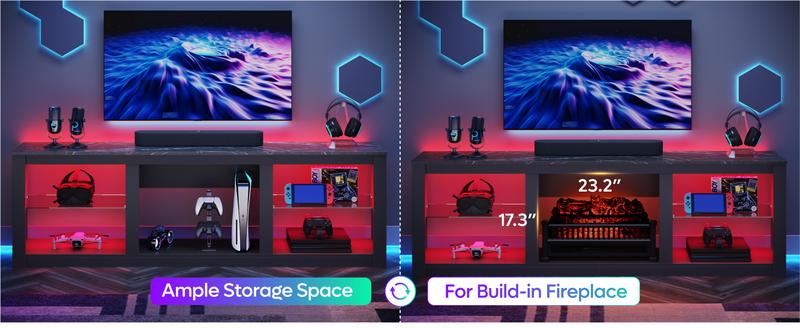 Bestier 70 Inch TV Stand for TV up to 80", LED Entertainment Center with Glass Shelves for Living Room