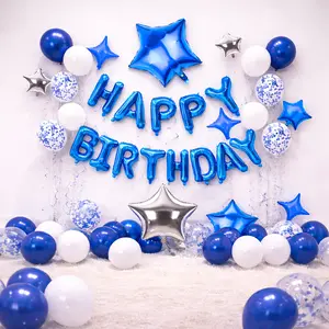55PCS Blue Happy Birthday Balloon Decoration Set – Foil Letter Banner, Star Foil Balloons, Latex Balloons & Hanging Swirls for Boys Girls Women Men Birthday Party Backdrop Decorations
