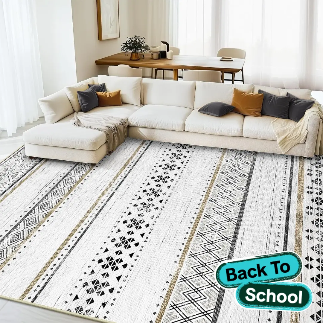 BESTSWEETIE | Washable Modern Geometric Area Rugs – Large Moroccan Rugs for Living Room & Bedroom – Soft Faux Wool, Non-Slip, Easy-Maintenance, Low-Pile, Distressed Boho Print Carpet– Back-to-School Dorm Essentials, Home Essentials