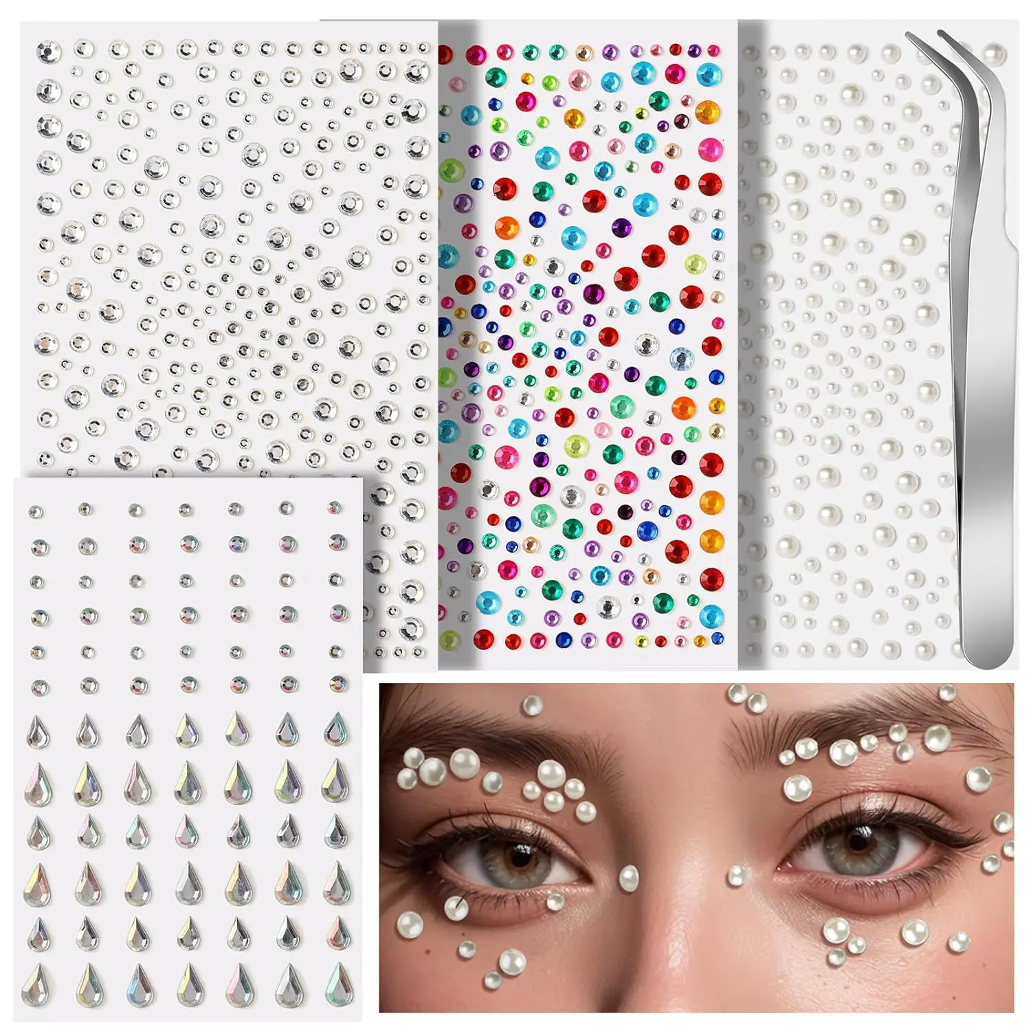 Face Gems Self Adhesive Face Gems and Pearls for Makeup, Festival Jewels for Halloween Rave Accessories Hair Gems, Rhinestone Stickers for Face, Eye, Makeup, Body
