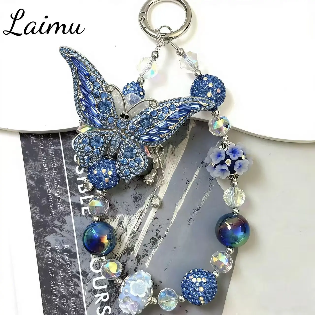 Laimu Viral Butterfly Charm Handmade with Blue Crystals & Iridescent Beads Secure Lobster Clasp Lightweight Accessory for Phones & Bags