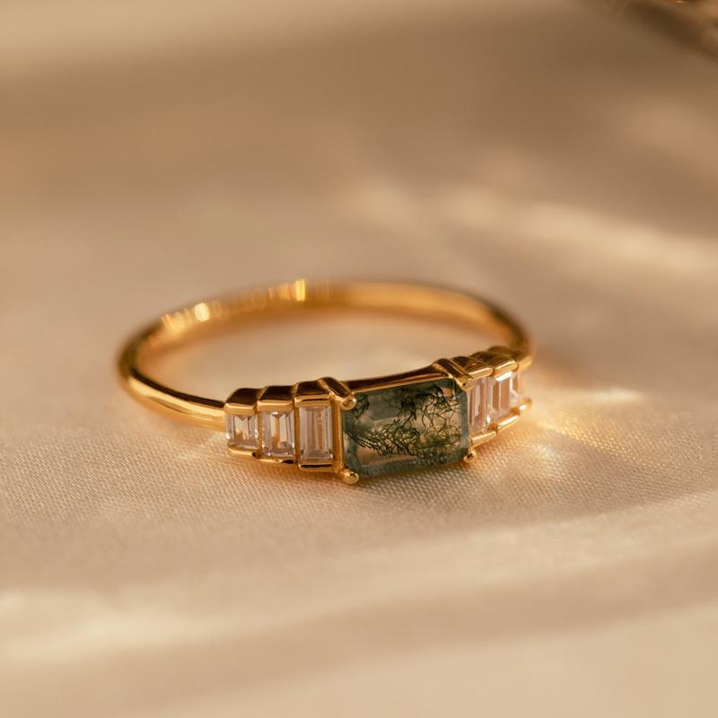 Agate Statement Ring by Caitlyn Minimalist - Vintage Style Moss Agate & Diamond Chandelier Riing - Art Deco Jewelry - Girlfriend Gift