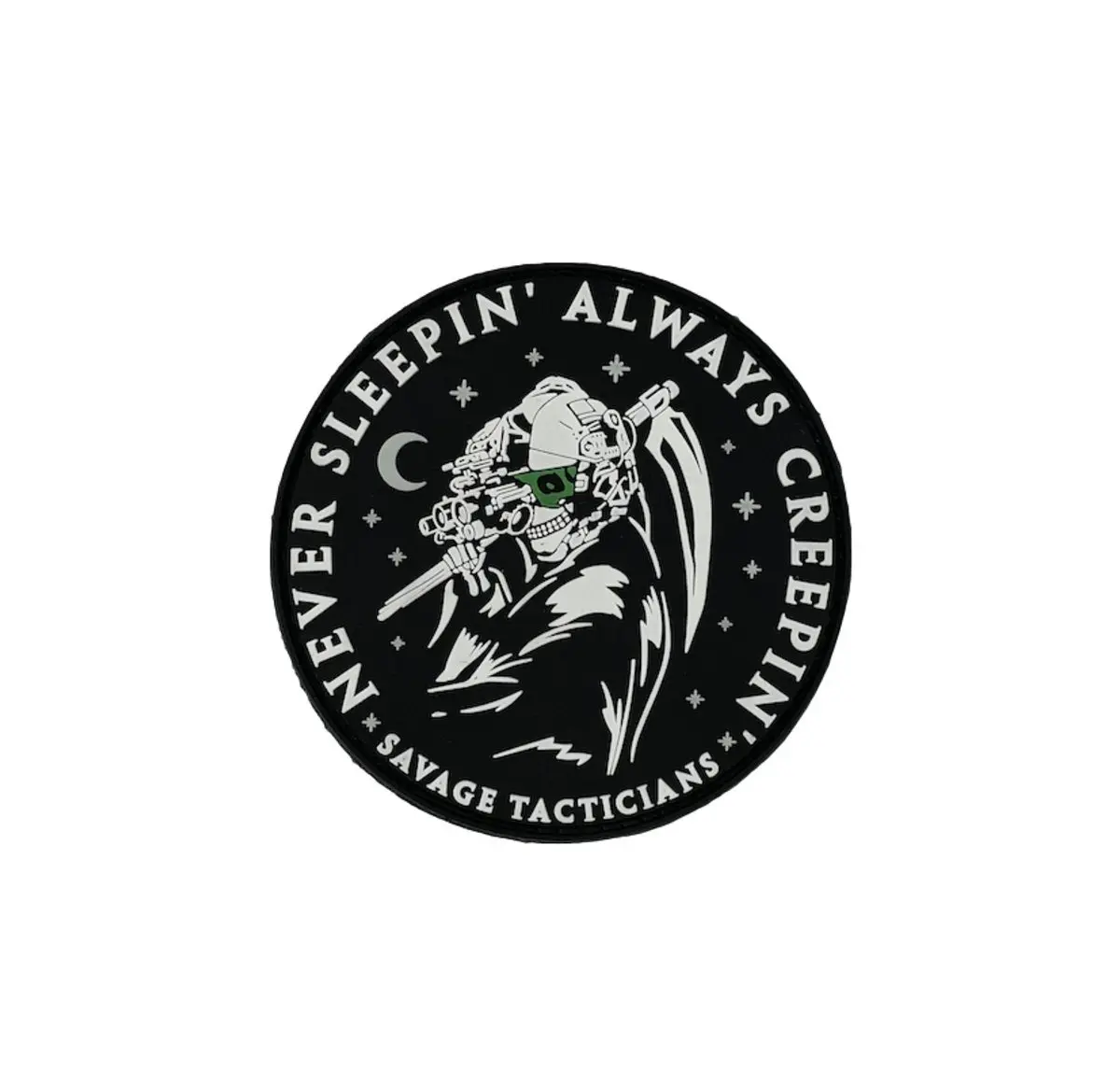 Creepin' Sewing Patch - Black and White Tactical Vibe Design, Molded Hook and Loop Fastener, PVC Material, Round Shape, Durability Feature