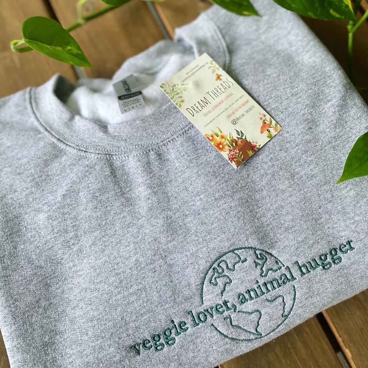 Embroidered Crewneck Sweatshirt "Veggie Lover, Animal Hugger" with Earth Design for Vegan / Vegetarian / Animal Lovers Custom Made