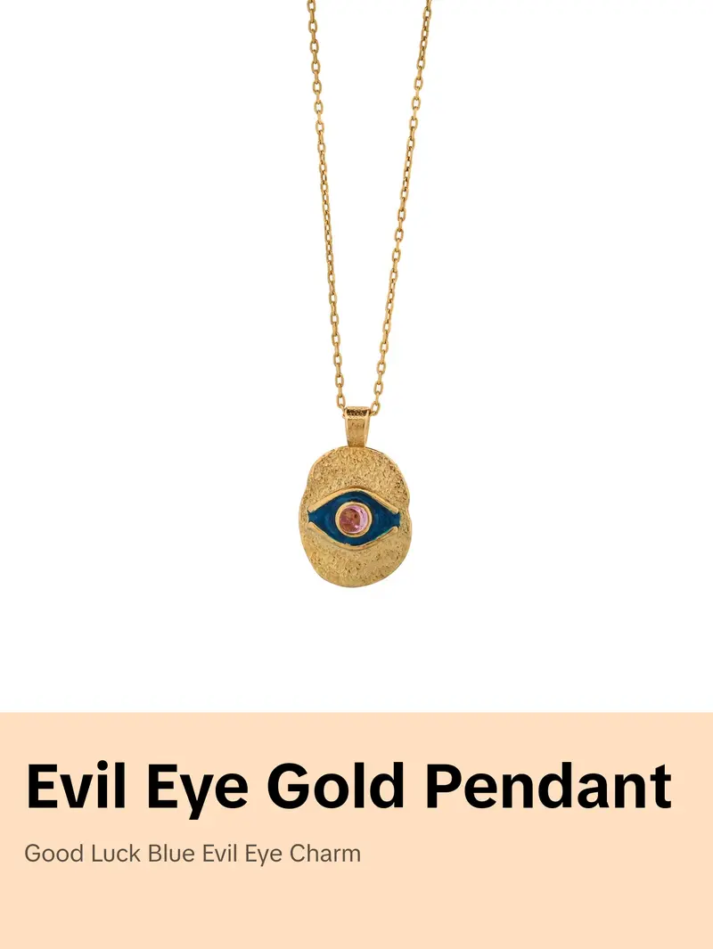 Blue Enamel & Tourmaline Stone Evil Eye Gold Pendant Good Karma Necklace