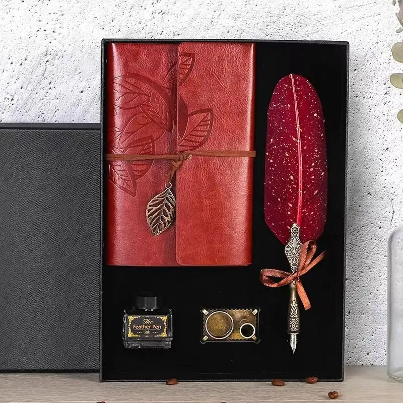 Creative Feather Design Pen Set, 1 Set Vintage Style Feather Design Pen & Note Book Set, Gift for Family & Friends & Teacher, Travel Diary Notebook Office Stationery, Journal Gift Set, Stationery Supplies
