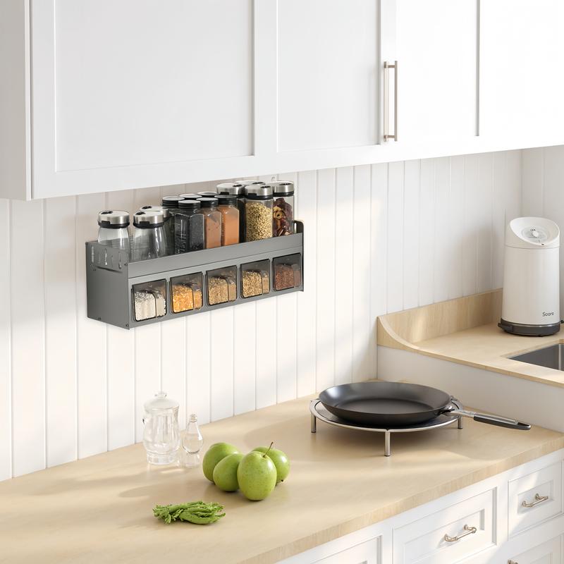 Bepatio Wall-Mounted Storage Spice Rack,Durable Rustproof Multi-Purpose Kitchen Organizer – No-Drill Installation, Includes Transparent Design Containers for Kitchen Organizer
