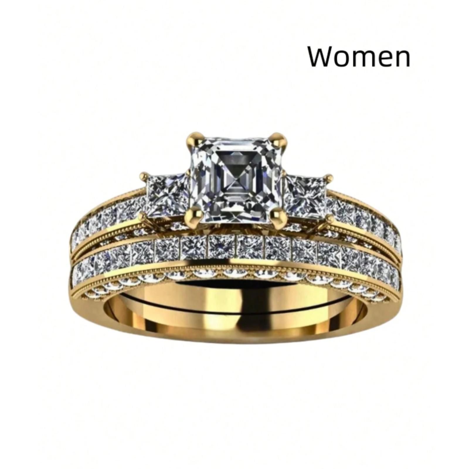 Classic 14k gold plated fashion couple rings for men, elegant square wedding rings with Cubic Zirconia for women, wedding/engagement couple jewelry