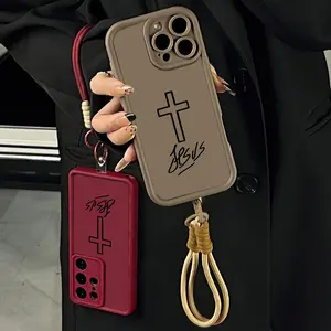 Minimalist Black Cross Jesus Design for iPhone Samsung 17Pro Max Air 16 15Plus 14 13 12 11 XR XS Galaxy S25 S24 S23 S22 A71 A56 A55 A54 A53 A52 Matte Anti Fingerprint Casing Faith Based Gift For Her.NN62