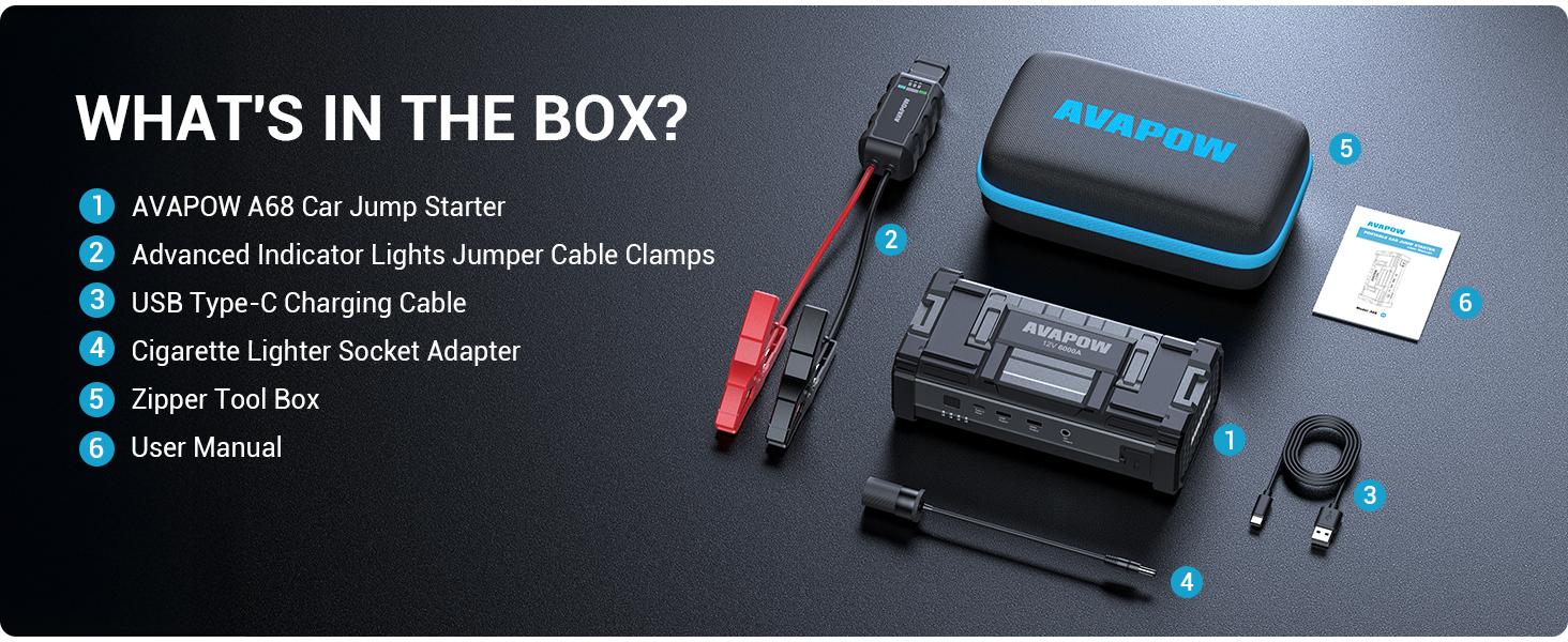 AVAPOW 6000A Car Jump Starter(For All Gas/Up to 12L Diesel),Power bank,Dual USB Quick Charge,AC/DC,12V Jump Pack with Built-in LED Bright Light