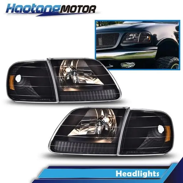 CROSSDESIGN Black Bolt-On Direct Install OE Fitment Pair Set Replacement Beam Headlights & Corner Lights, Vehicle Car Accessories for 97-03 Ford F150 Trucks, 97-02 Ford Expedition