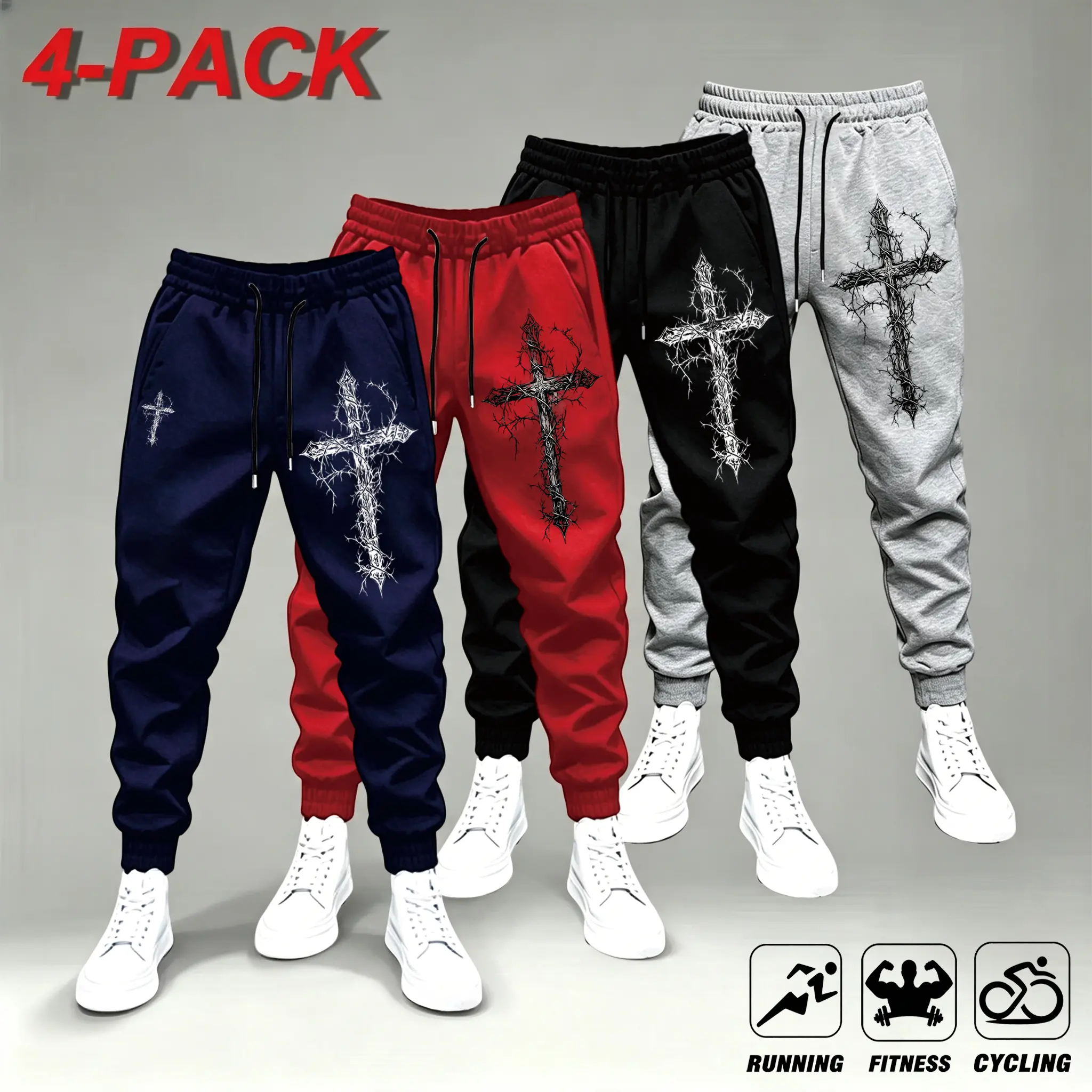 4-Pack Cross Design Sweatpants for Men - Navy, Red, Black, Gray - Ideal for Running, Fitness, Cycling - Comfortable & Stylish,Men Gothic Thorn Cross Print Joggers, Y2K Streetwear Drawstring Sweatpants, Casual Hip Hop Tapered Trousers For Fitness Running