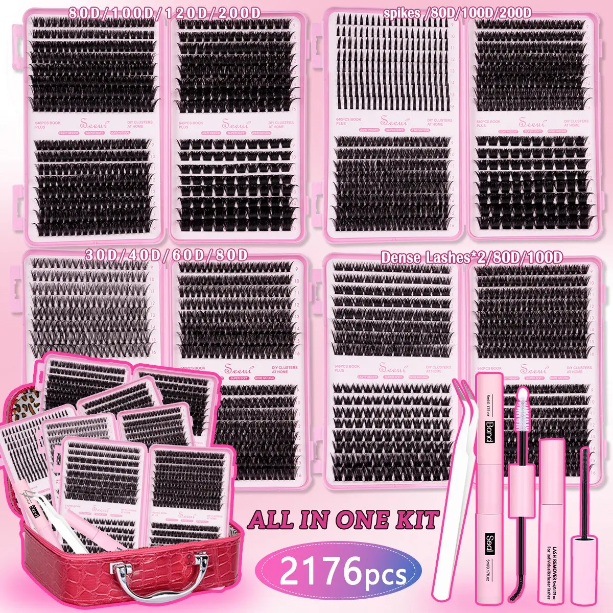 10 Styles Lash Extension Kit, 2176pcs DIY Cluster Lashes 80/100/120D, Long Lasting Waterproof, DIY Eyelash Extensions, Eyelashes Extensions Kit, Volume Lashes Clusters with Bond&Seal, Remover, Tweezers, Individual Lash Clusters