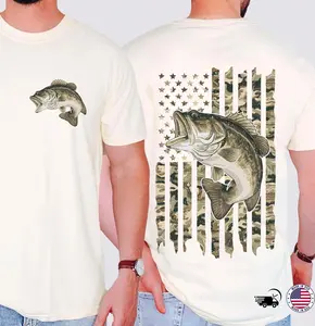 Bass Fishing American Flag T-Shirt – Camo Bass Fish Graphic Tee, Patriotic Angler Shirt, Outdoor Fishing Gift for Men