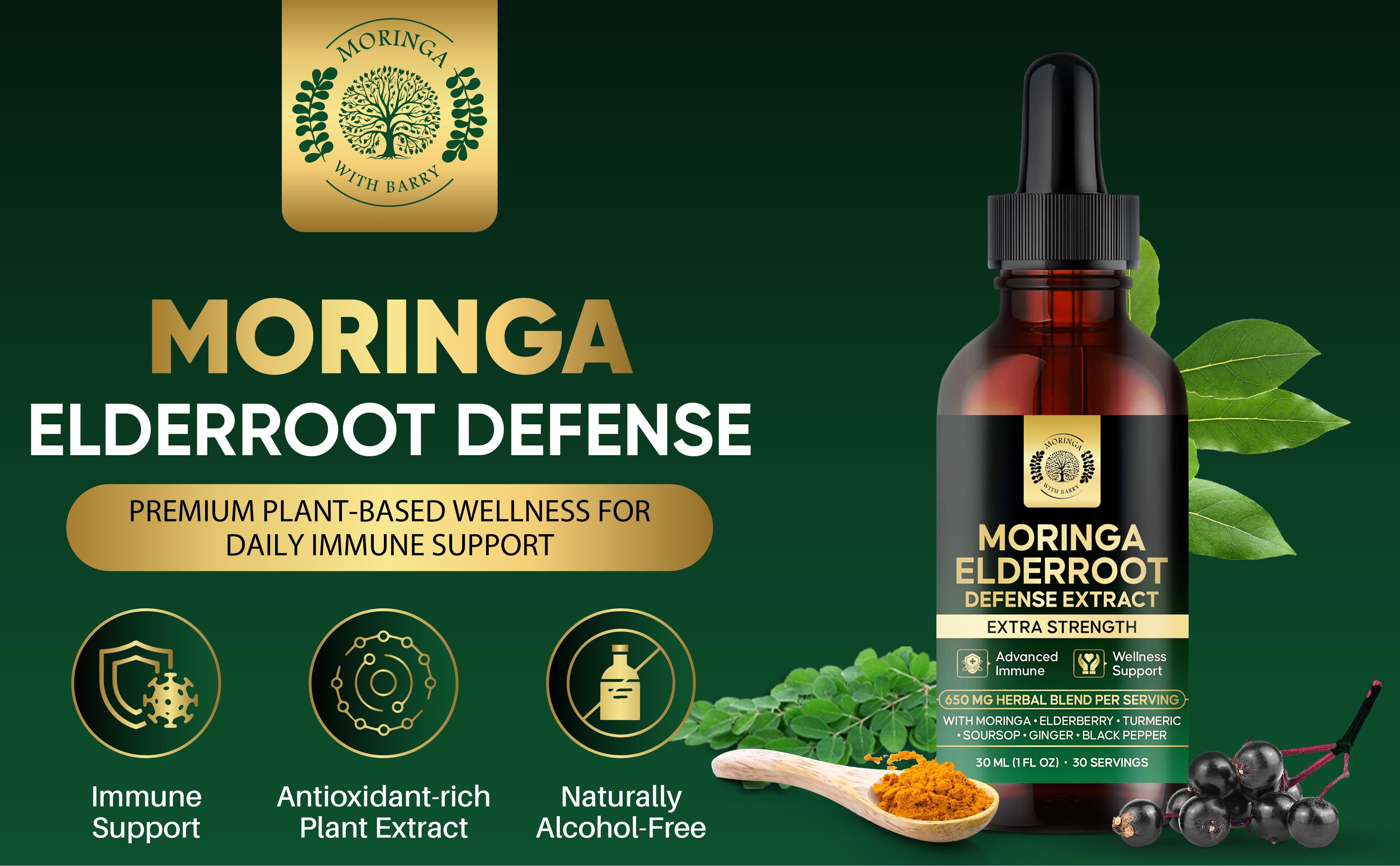 Moringa ElderRoot Defense Extract – Multi-Herb Botanical Drops with Elderberry, Turmeric, Ginger, Soursop & Black Pepper | 650 MG Herbal Blend for Daily Wellness & Immune Support