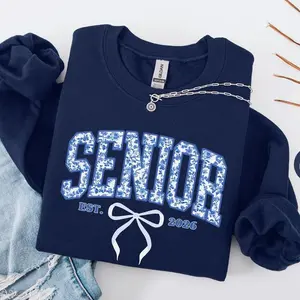Senior 2026 Coquette Sweatshirt – Blue Toile Graduation Sweater, Class of 2026 High School Gift Cotton Womenswear Casual Printed