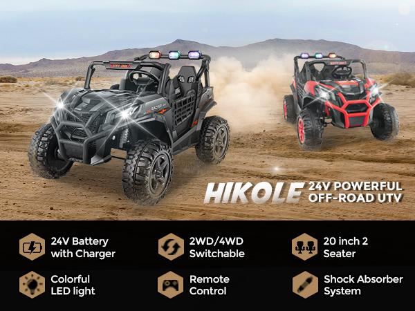 Hikole 24V 4WD Ride On UTV for Big Kids – 2 Seater Electric Car w/ Remote, Music, Lights & 4x200W Motors