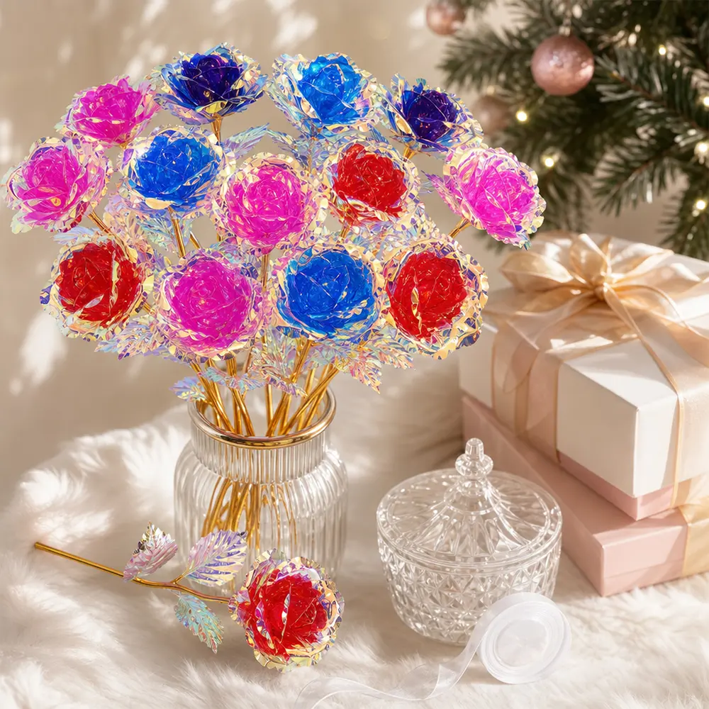 20PCS Small Artificial Colorful Rose Flowers Galaxy Rose Crystal Flower Gifts for Wedding, Mother' s Day Memorable Days Birthday Valentine's Day
