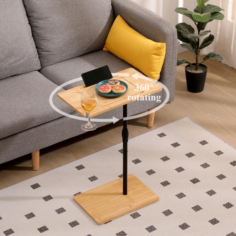 Couch Tray Table Bamboo Height Adjustable Side Table for Sofa C-shaped Oval End Tables with Slots for Bed & Chairs in Living Room & Bedroom