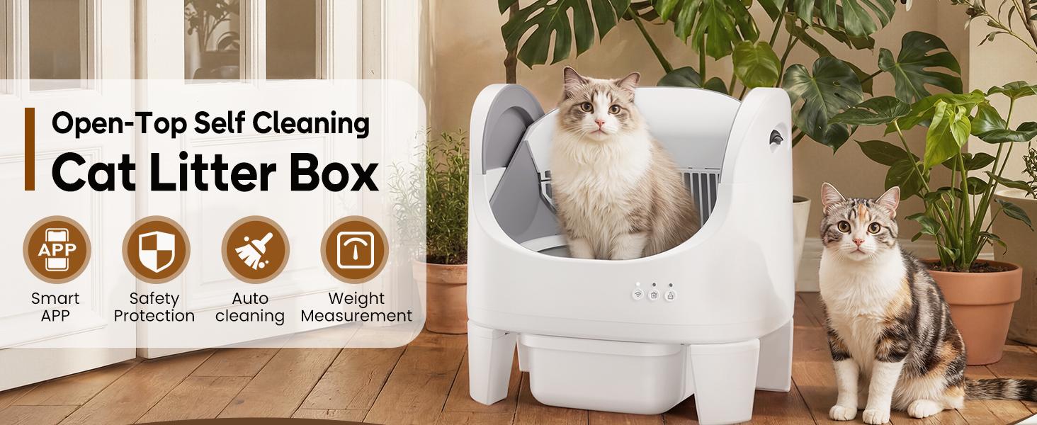 Best Seller | ECORUI Self - Cleaning - Litter Box Open Top Automatic with App Control for Multiple Cats Safety Sensors Protection Cream White 16.5"x17.3" Entrance 8L Compartment