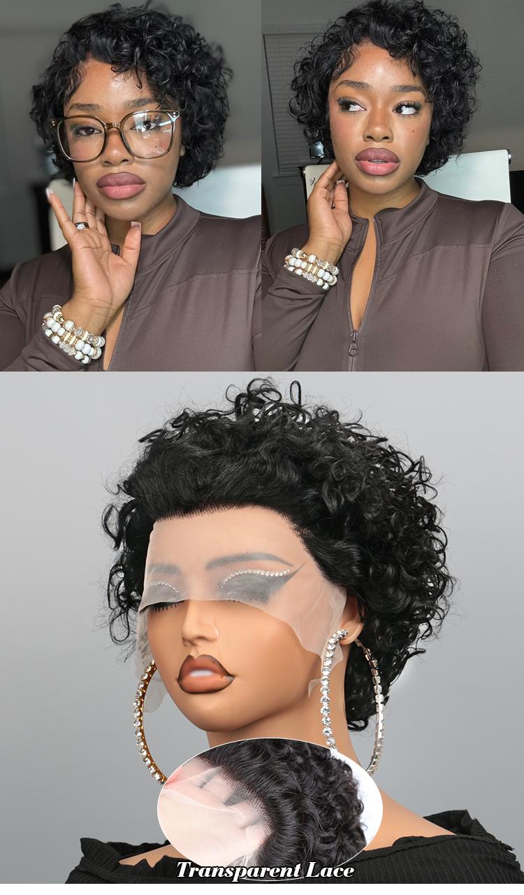 Idoli Hair 8 Inch 13X1 Pixie Cut Curly HD Human Hair Wig - Natural Black Color, 180% Density