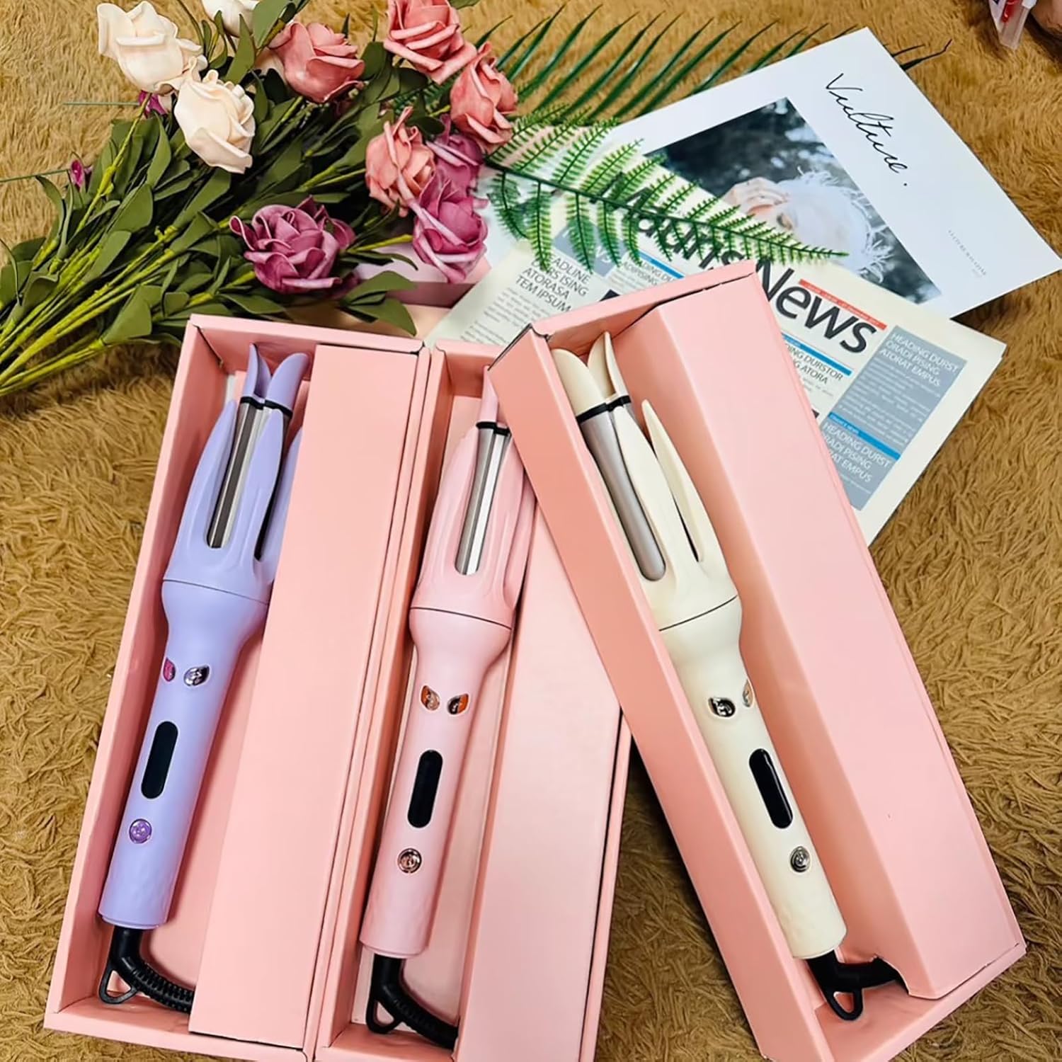Professional Automatic Hair Curler - Portable Curler with 4 Temperature Settings, Adjustable Ceramic Rotating Wand, Negative Ion Tech, 110V-240V, Smooth Beauty Products (Pink/Purple), Curly Hair